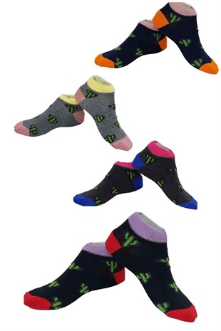 (4 Adetli ) Socks Turka Kaktüs Desenli Bayan Patik Çorap  Koyu Renk